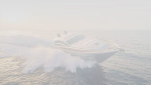 Yacht bianco che naviga su onde, sollevando spruzzi d'acqua durante il suo movimento.